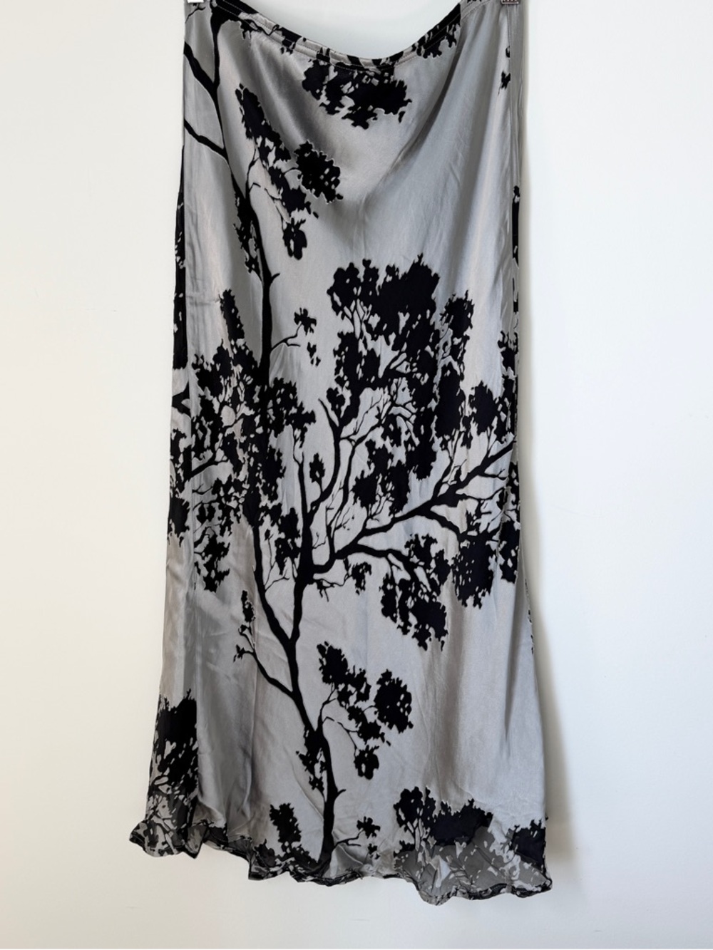 Y2K 90s Silk / Rayon Karen Kane Silver / Black Tree Midi Skirt Whimsigoth Witchy